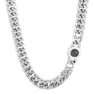 Collier chaîne gourmette en acier inoxydable argenté avec fermoir cristal noir chic
