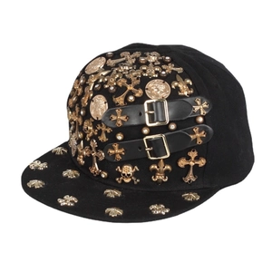 Punk Gothic Baseball Cap Cotton Black With Gold Metal Cross Skull Rivets PU Leather Buckles Hip Hop Snapback Hat