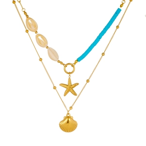Gold double-layered necklace with blue heishi beads, starfish and seashell charms