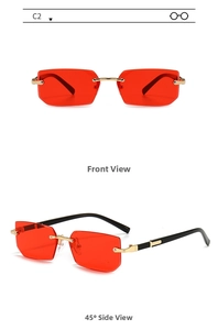 Front and 45-degree angle views of rimless rectangular sunglasses with red jelly lenses