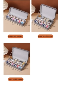 Gray leather watch storage box with velvet lining, transparent lid and metal lock detail