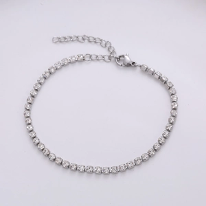 Silver stainless steel tennis bracelet with 4mm round clear zircons and lobster clasp