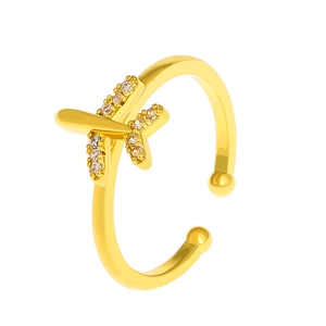 Gold airplane open ring with sparkling crystals in a minimalist geometric metal design