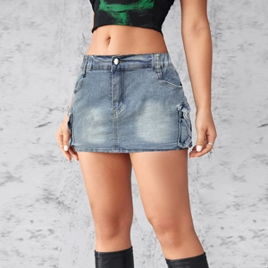Damen Jeansrock in Retro-Blau mit elastischer Passform und großen Cargotaschen