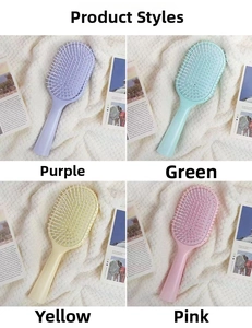 Detail view of colorful macaron air cushion hairbrushes in purple green yellow and pink