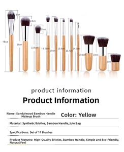 Detail of 11-piece bamboo makeup brush set with soft fiber bristles and canvas storage bag