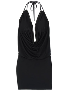 Sexy schwarzes Neckholder-Minikleid mit tiefem V-Ausschnitt und silbernen Nietendetails
