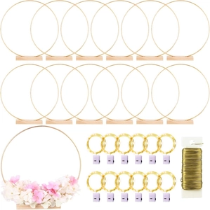 Metal Floral Hoop Wreath DIY Kit With Wooden Base And LED String Lights For Wedding Table Centerpiece Desktop Decor