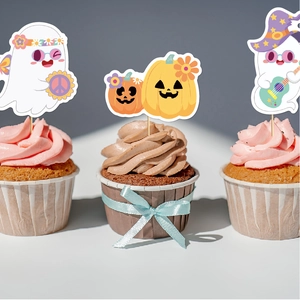 Boho Halloween cupcake toppers featuring hippie ghosts and pumpkins with floral accents