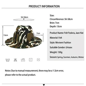 Unisex camouflage wool fedora hat with wide brim in woodland pattern for all seasons