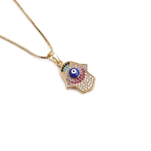 Hamsa Hand Evil Eye Pendant Necklace Copper Gold Plated Colorful Zircon Box Chain Jewelry For Women