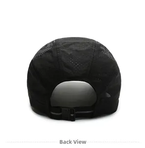 Detail of black quick-dry hat featuring breathable mesh panels and adjustable buckle strap