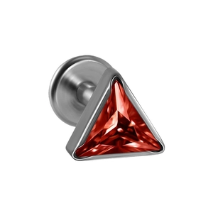 F136 titanium triangle stud earring featuring a vibrant red faceted cubic zirconia stone