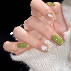Press On Nails Square Round Green Floral Heart Grid Design 3D Flower Artificial Pearl Decor Chic Summer Style For Women