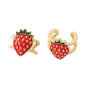 Gold-plated strawberry ear cuffs with red enamel and green leaves for non-pierced ears
