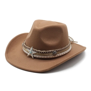 Retro camel wool felt cowboy hat with braided leather band and turquoise star emblem