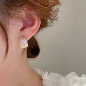 Elegant square tulip stud earrings in gold plating with pink enamel floral design for women
