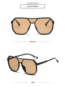 Detail view of double bridge aviator sunglasses with teardrop hollow tips in black and brown