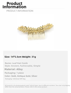 Detailed view of leaf alloy hair comb with measurements 14x5.5cm and 31g weight