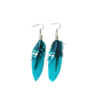 Bohemian long feather tassel earrings with blue beads and vintage ethnic style design