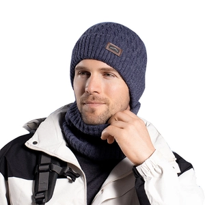 Men's navy blue knitted winter beanie and neck warmer set with mountain patch for cycling