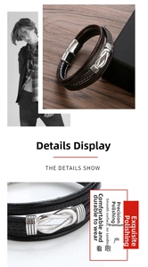 Close-up detail of multi-layer braided leather bracelet with stainless steel knot charm