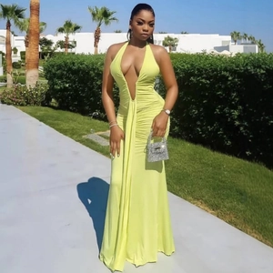 Halter Neck Deep V Ruched Maxi Dress Polyester Slim Fit Mermaid Hem Sexy Evening Gown For Women Elegant Party