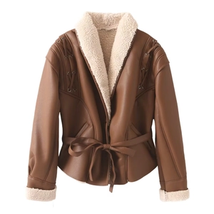 Veste en similicuir marron avec col châle en peau de mouton et ceinture de mode