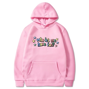 Pink oversized hoodie with colorful Who Let Me Have Fun lettering and star graphic