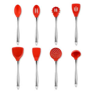 Set of 8 red silicone and stainless steel kitchen utensils including spatulas and ladles