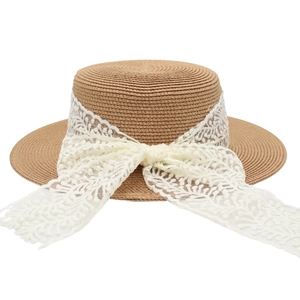 Chapeau De Paille Boater Rétro Français Bord Large Ruban Dentelle Noeud Décor Métal Été Plage Vacances Élégant Femmes