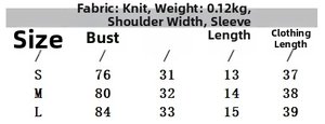 Detailed size chart for the knit crop top showing bust, shoulder, and length measurements