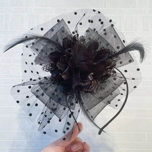 Vintage Fascinator Headband With Polka Dot Mesh Feather And Fabric Flower For Wedding Party Derby Women