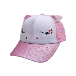 Detail of kids baseball cap featuring pink sequin cat ears and mesh breathable back