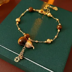 Tigerauge Stein Armband Mit Vergoldetem Kupfer Und Anhänger Verstellbar Vintage Ethno Schmuck Für Damen