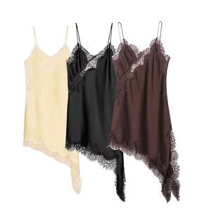 Lace trim satin slip dresses in beige, black and coffee colors on white background