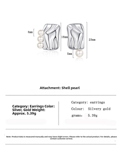 Detail view of square pearl earrings showing 23mm height dimensions and pearl texture
