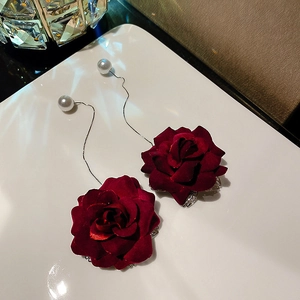 Red Rose Flower Artificial Pearl Long Tassel Drop Earrings With 925 Sterling Silver Earring Post Vintage French Style For Women