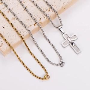 Three premium stainless steel box chain necklaces with a layered cross pendant on stone