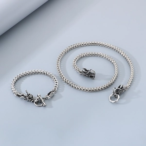Men's punk style stainless steel dragon head bracelet and necklace jewelry set in silver