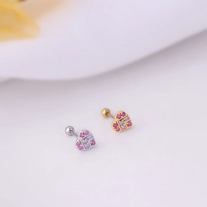 20G heart stud earrings with cubic zirconia inlay and spherical screw back closure
