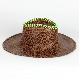 Leopard print cowboy hat with neon green stitching detail on a wide curved brim