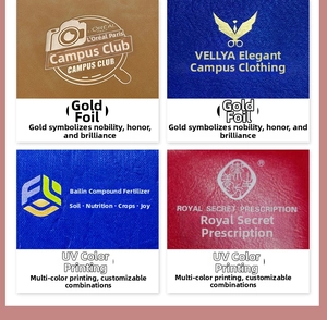 Detail showing gold foil stamping and UV color printing on leather notebook covers