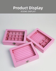 Set vassoio portagioie in velluto rosa con coperchio trasparente per anelli