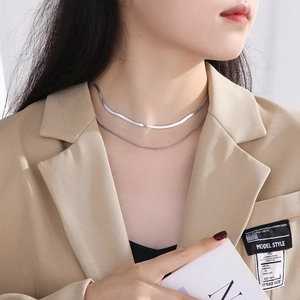 Close-up of a silver double-layer necklace with a sleek snake chain and delicate link chain