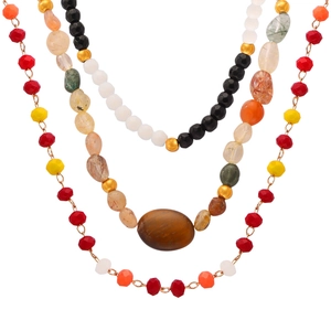 French retro beaded necklace with natural stones and brown tiger eye stone pendant