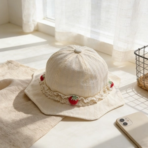 Détail du chapeau bébé avec bord en dentelle blanche et petites fraises tricotées