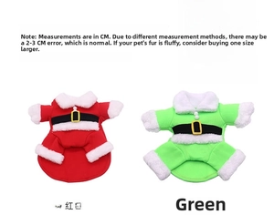 Detail view of red and green pet Christmas outfits with velvet texture and golden buckles