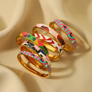 Set of 18k gold plated enamel bangles with colorful artistic patterns for women