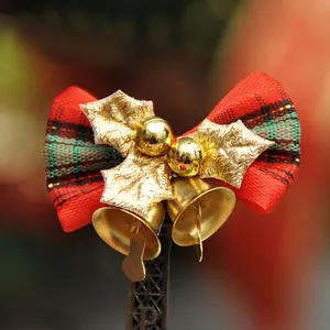 Christmas Velvet Plaid Bow Ornaments With Gold Bells Mini Christmas Tree Bowknots For Garland DIY Hanging Decoration Festive Party Accessories